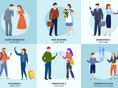 Generations theory set character communication flat generation illustration social vector