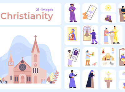 Christianity compositions set ceremony christianity flat illustration religion tradition vector