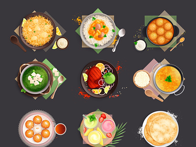 Indian cuisine dishes set dish flat food illustration indian traditional vector