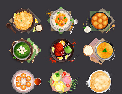 Indian cuisine dishes set dish flat food illustration indian traditional vector