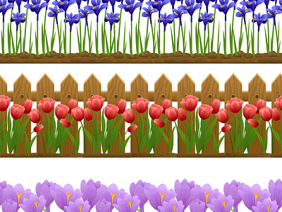 Spring flowers seamless borders set blossom botany flat flower illustration spring vector