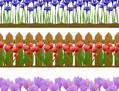 Spring flowers seamless borders set blossom botany flat flower illustration spring vector