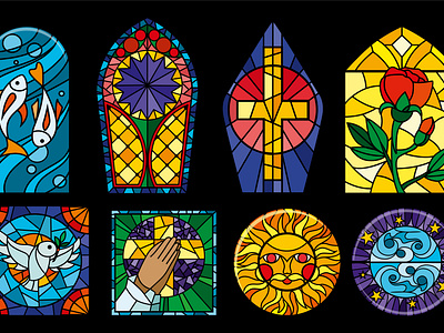 Cathedral stained glass windows set flat illustration kaleidoscope mosaic religion vector window