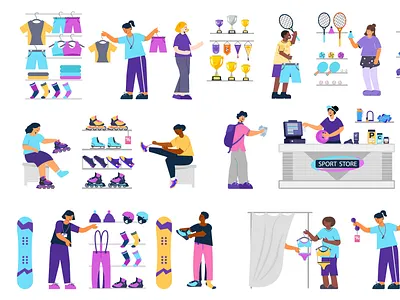 Sport shop compositions set equipment flat illustration purchase shop sport vector