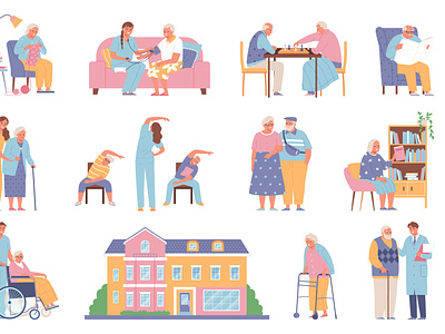 Nursing home icons set assistance flat healthcare illustration nursing pensioner vector