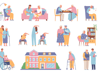 Nursing home icons set assistance flat healthcare illustration nursing pensioner vector