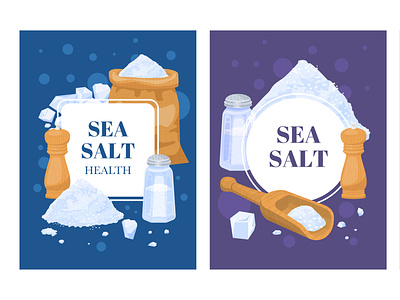 Sea salt cards set flat illustration nutrition organic package salt sea vector