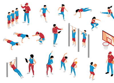Physical education set education illustration isometric physical sports training vector