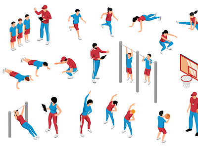 Physical education set education illustration isometric physical sports training vector