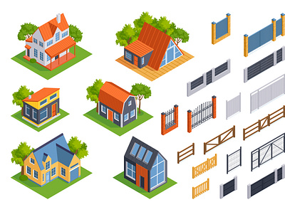 Houses and fence set architecture fence house illustration isometric vector village