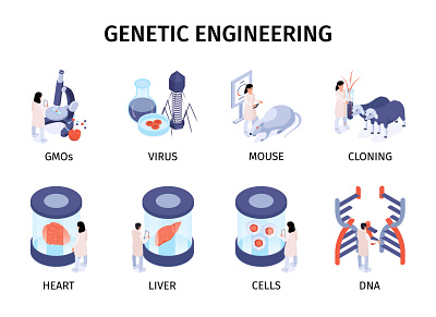 Genetic engineering set biotechnology genetic illustration isometric nanotechnology vector