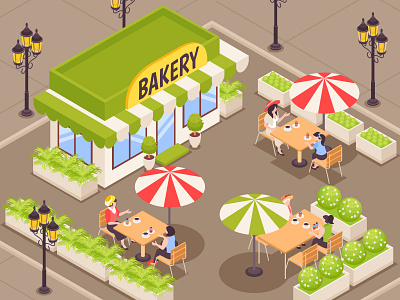 Street cafe cafe food illustration isometric street summer vector