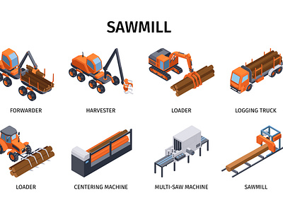 Sawmill set equipment factory forest illustration isometric sawmill vector