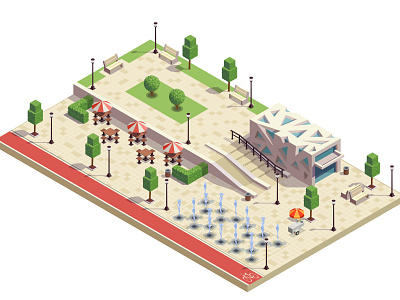 City park infrastructure building cafe city illustration isometric outdoor park vector