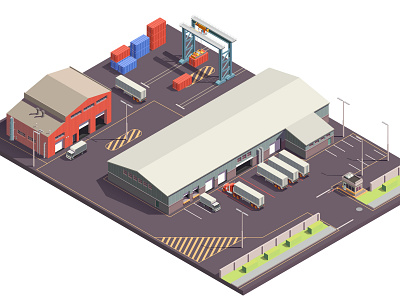 Industrial buildings with parking lot building illustration industrial isometric logistics transportation truck vector