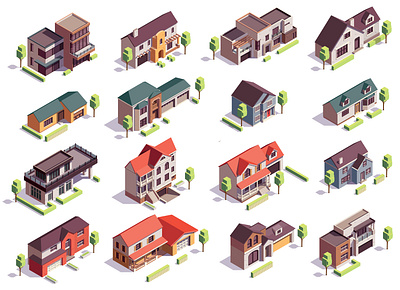 Isometric suburban buildings set building house illustration isometric residential suburban vector