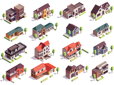 Isometric suburban buildings set