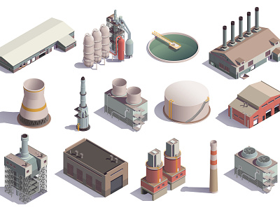 Isometric industrial buildings set building factory illustration industrial isometric vector