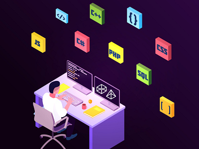 Programmer on the work desk coding computer desk engineer illustration isometric software vector