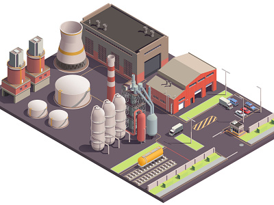 Industrial buildings isometric composition building illustration industrial isometric vector