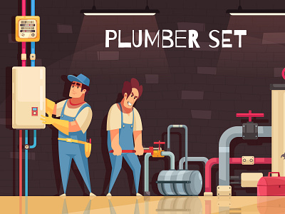 Plumbers fixing leakage in boiler boiler cartoon illustration plumbers vector