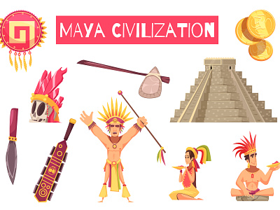 Maya civilization set ancient cartoon civilization illustration maya vector