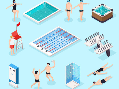 Swimming pool set equipment illustration isometric swimming pool vector