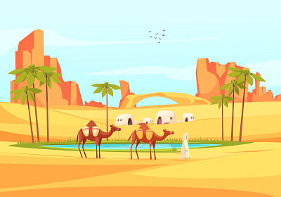 Desert composition camels cartoon desert illustration vector