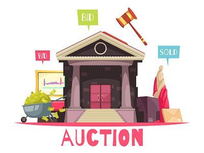 Auction composition auction cartoon illustration vector vintage