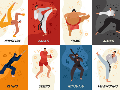 Fighters of martial arts cartoon fighters illustration martial arts vector