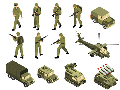 Military vehicles soldiers set illustration isometric military soldiers vector vehicles