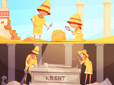 Archeology banners set archeology cartoon illustration tomb of knight vector