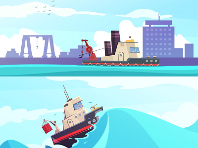 Nautical horizontal banners cartoon city port fishing ship illustration vector