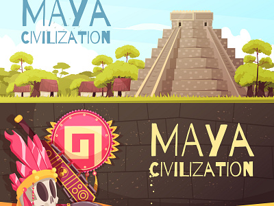 Banners with maya civilization cartoon illustration maya civilization pyramid vector