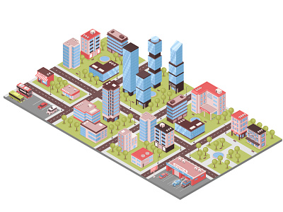 City district isometric composition business center city illustration isometric office towers parking vector