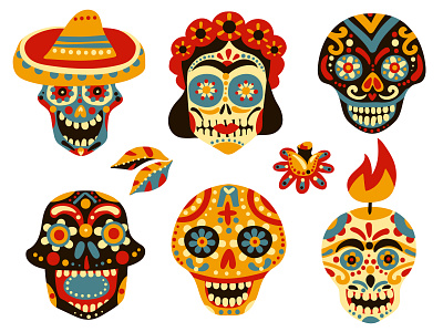 Mexican day of dead icons flat illustration masks mexican skulls vector