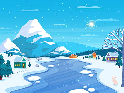 Winter landscape flat illustration landscape mountains town vector winter