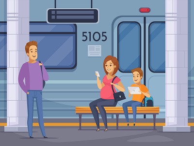 Underground passengers composition cartoon illustration passengers platform subway train vector