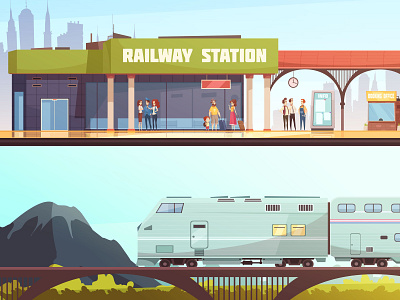 Railway horizontal banners bridge cartoon illustration railway station train vector