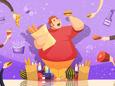 Gluttony leading to obesity poster cartoon fat man gluttony hamburger illustration obesity vector