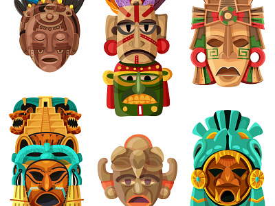 Colorful mayan mask set cartoon illustration masks mayan vector