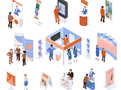 Isometric trade exhibition set exhibition expo illustration isometric trade vector