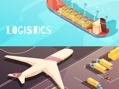 Logistic horizontal compositions cargo freighter illustration isometric logistics vector