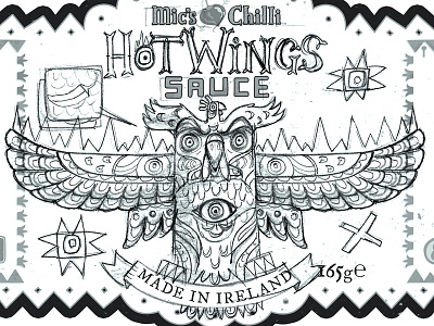 Mic's Chilli Hot Wings Sauce bird design folkart fun hot hotsauce illustration packaging totem wip