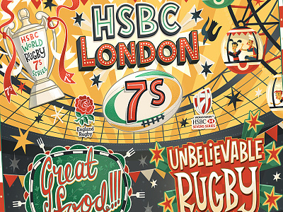 HSBC London 7s Branding big wheel branding food graphic design hand lettering illustrated illustration london rugby sport stadium