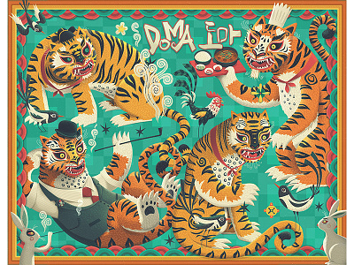 DOMA 도마 - restaurant mural cockerel folk art food illustrated illustration korean magpie mural rabbit restaurant tigers