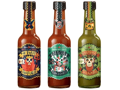 Mic's Chilli Packaging chilli fun hand lettering hot sauce illustration ireland irish leprechaun neptune packaging design shamrock wrestler