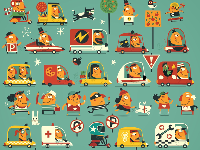 Rush Hour busy cars characters fun illustration people road signs street traffic