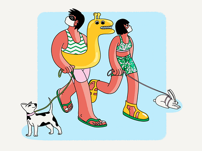 It’s 16C in Moscow character character design covid dog flip flops illustration mask pattern people pets rabbit spring summer walking warm
