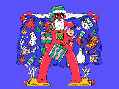 Happy holidays! character character design color colour drawing funny gifts illustration merry christmas pattern people presents procreate santa claus slippers